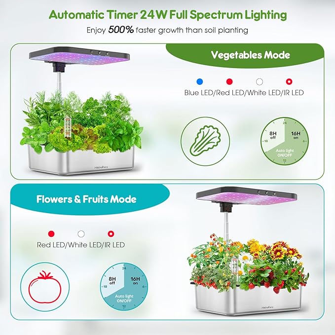 Indoor Garden Hydroponics Growing System: 15 Pods Stainless Steel Herb Garden Kit with Grow Light Plant Germination Kit 6L Large Tank Quiet Pump Auto Timer Christmas Gardening Gift for Women