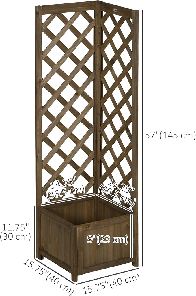 Outsunny Wooden Raised Garden Bed with Trellis 57 Freestanding Corner Planter Box for Vine Plants Flowers Climbing and Planting Carbonized