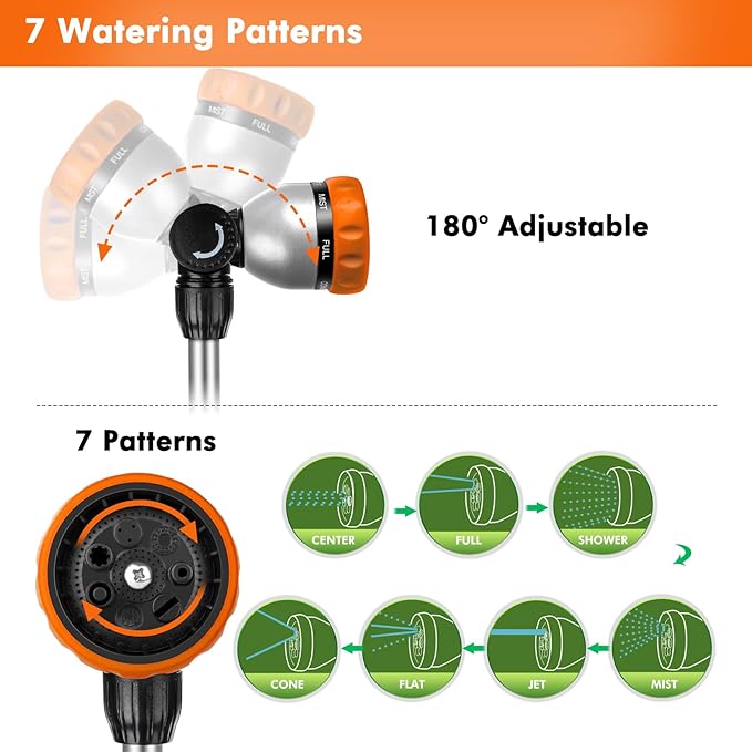 RESTMO Metal Watering Wand Heavy Duty Garden Hose Wand with 180° Swivel Ratcheting Head 16'' Hose Nozzle Sprayer with 7 Spray Patterns and Flow Control for Water Hanging Baskets and Shrubs Orange