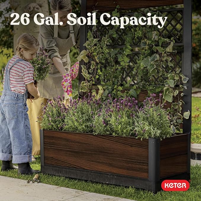 Keter Outdoor Planter Box with Privacy Screen and Trellis – 26 Gallon Raised Garden Bed for Climbing Plants &amp Flowers – Wood-Look Resin Weather-Resistant Divider for Patio Balcony &amp Backyard