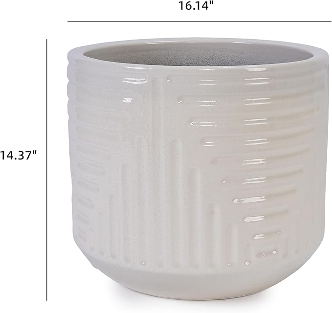 Handmade Ceramic Planter Pot 16 Inch Diameter 1 Cream White with Geometric Pattern for Monstera Deliciosa and Fiddle Leaf Fig IndoorOutdoor Doorway Use Breathable Clay