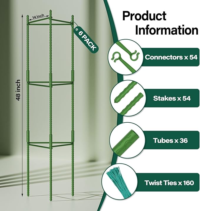 Halatool 6 Pack Tomato Cages for Garden 48 Inch Adjustable Tomato Cage Plant Support Garden Plant Stakes Trellis for Climbing Plants Pots Vegetables Flowers Fruits
