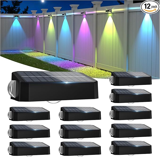 Solar Fence Lights Outdoor with 3-Way Lensed Lighting Fence Light Solar Powered 12 Mode RGB Color Changing Warm/Cool White IP65 Waterproof for Deck Wall Patio Backyard Outside(12 Pack)