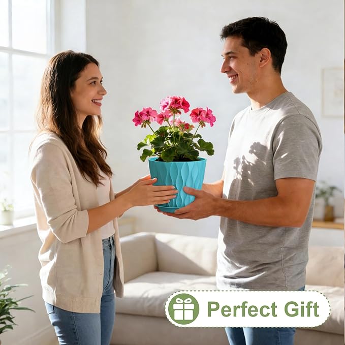 8 Inch Plant Pots with Saucers (4 Pack) - Modern Ribbed Flower Pots for Indoor Plants - Sturdy Decorative Planters for Snake Plant &amp Flowers - Drainage Holes (4 Blue)