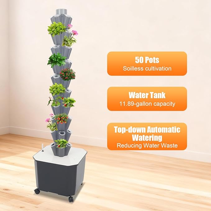 10 Layer Hydroponic Towers Growing System 50 Pods Hydroponic Grow Towers Kit with Water Pump and Movable 11.89Gal Water Tank Indoor/Outdoor for Vegetable Strawberries Lettuce (Grey)