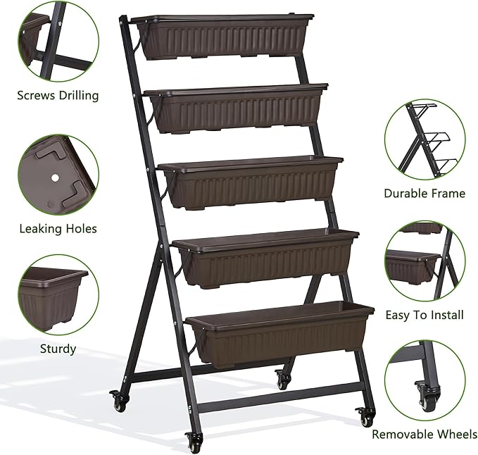 VECELO 5-Tier Vertical Garden Bed Freestanding Elevated Raised Garden Planter with 5 Garden Planter Boxes Lockable Caster Wheels Drainage System for Plants Vegetables Flowers Herbs