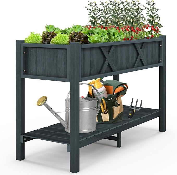 Raised Garden Bed with Legs 47 x 18 x 29 Inch Elevated Planter Box w/HIPS Frame Drainage Holes &amp Storage Shelf Standing Raised Planter for Flowers Herbs Outdoor Balcony Backyard (Black)