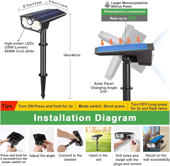 DAONEG Bright Solar Spot Lights Outdoor 2Pack Motion Sensor Modern Style Black Waterproof 250 Lumen LED Solar Powered Remote Control Driveway/Garden/Walkway