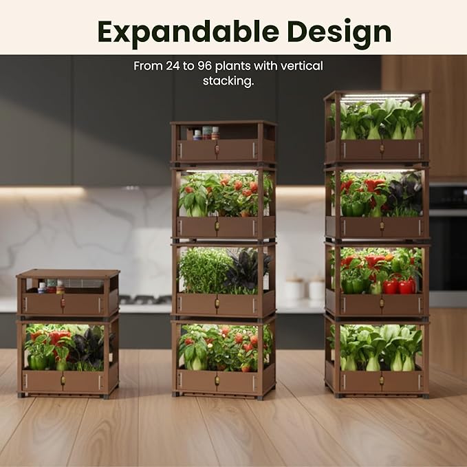 Hydroponic Home Garden with LED Grow Lights | Organic Microgreens Herbs Vegetables Fruits &amp Flowers | Real Wood Design | Stackable Mess-Free Year-Round Harvest (Natural)