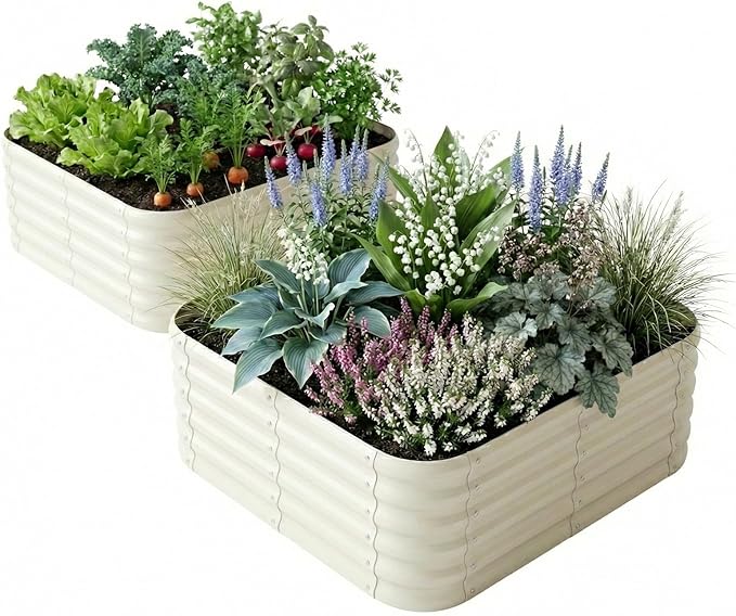 2-Pack 4x1.5ft Galvanized Raised Garden Bed Outdoor Planter Bed Metal Planter Box for Gardening and PlantingMilk White