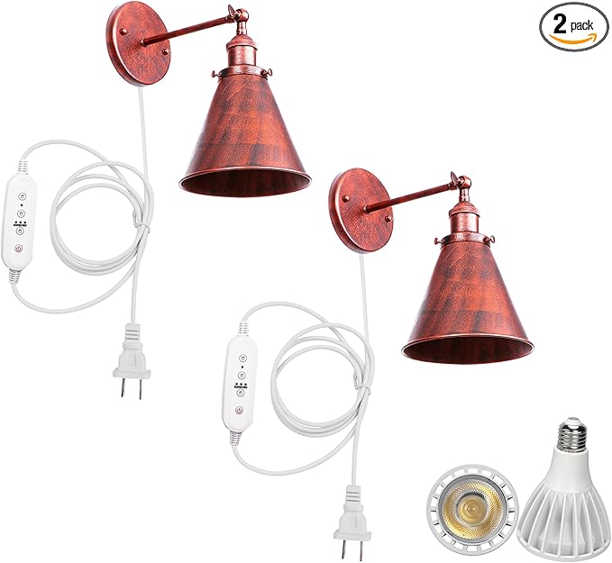 2-Pack Hook Mounted Plant Light Full Spectrum 6000K 25W White Light Timing Plug in Cord Vintage Rust Wall Lamp for Indoor Plants Flowers Growing
