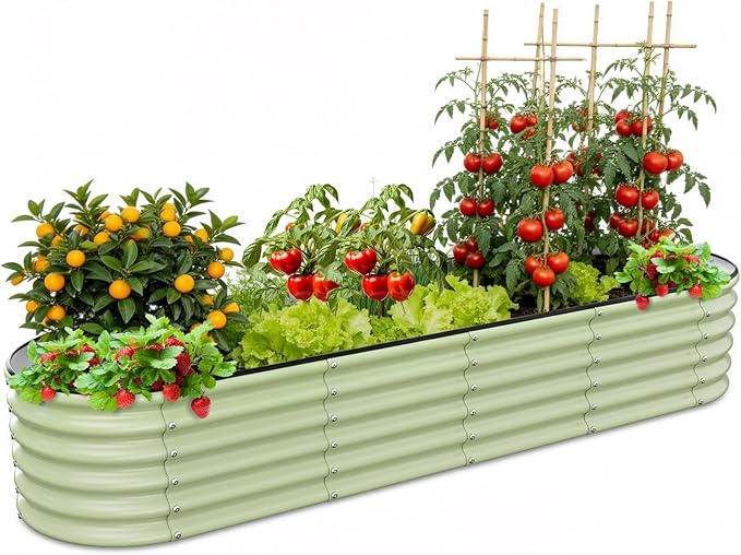 Gruper Galvanized Raised Garden Bed 8×2×1.4 ft Tall Oval Large Metal Planter Raised Garden Boxes Outdoor for Vegetable Fruits Flower Herb Anti-Rust and Sturdy &amp Easy-Setup
