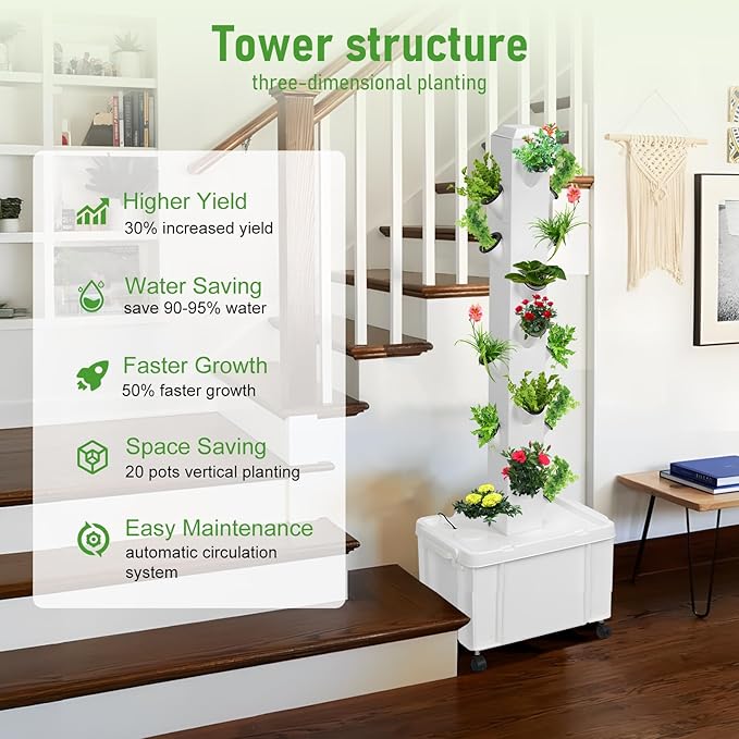 Hydroponic Tower Growing System Kit 5 Layers 20-Plants Vertical Planter Tower with Water Pump &amp Wheels Movable Automatic Watering Garden Tower for Vegetables Herbs Fruits