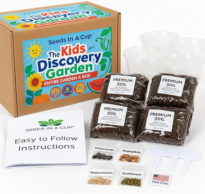 Kids Discovery Garden Kit Complete Indoor/Outdoor Growing Set Premium Soil 4 Seed VarietiesEducational for Ages 8+ Made in USA Great Gift for Holiday Gift Idea