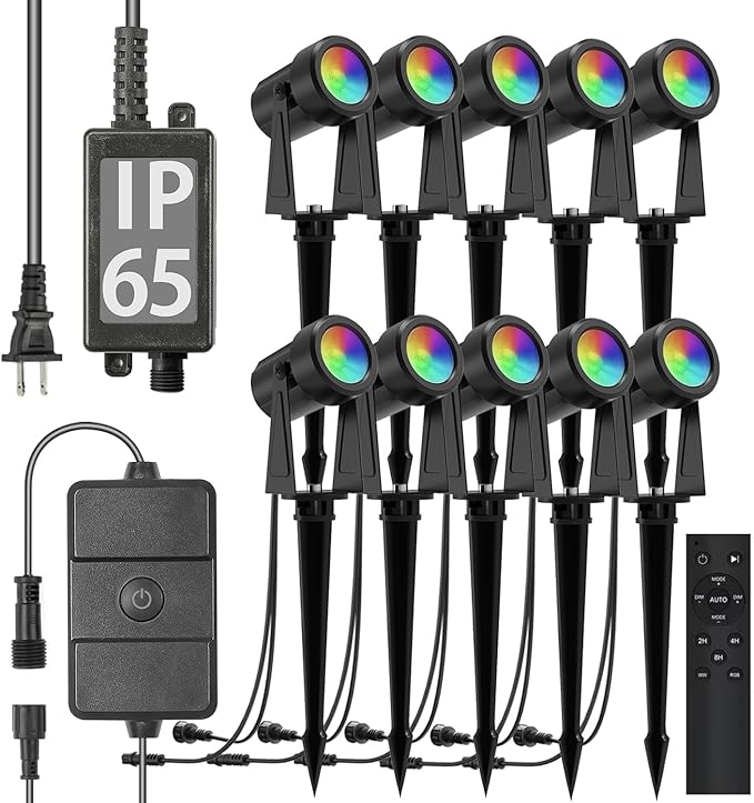 SUNTHIN 10 Pack RGBW Landscape Lighting with RemoteBundle with 4pcs 6.5FT Extension Cord 3-Pin