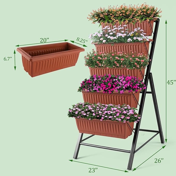 TEANDE Vertical Raised Garden Bed 5-Tier Elevated Planter Box w/Drainage System &amp 4 Hooks for Herbs Vegetables Flowers Vertical Garden Planter for Patio Yard Indoor Outdoor