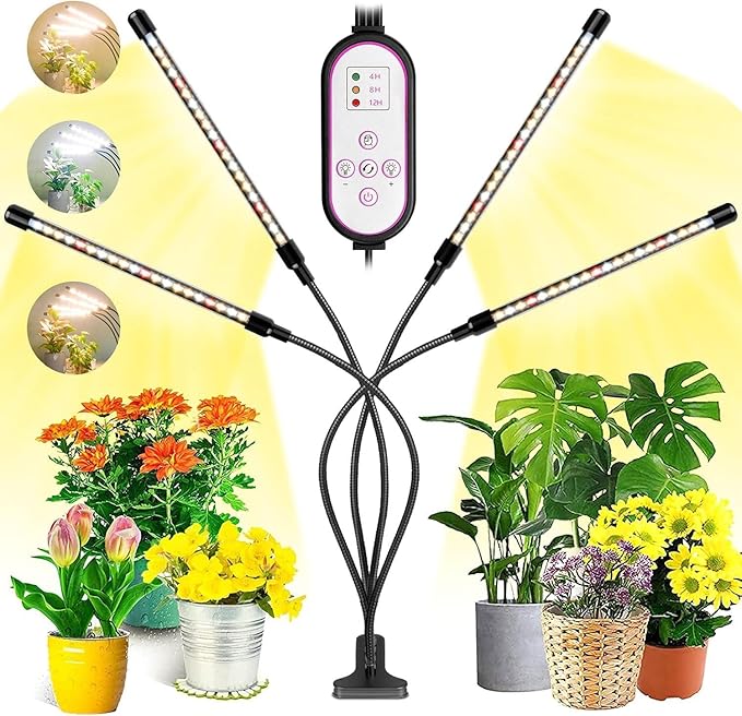 LED Grow Light 4-Head Plant Growing Lamp with Timer 9 Dimming Levels 3 Light Modes USB Powered Flexible Gooseneck (Warm Light)