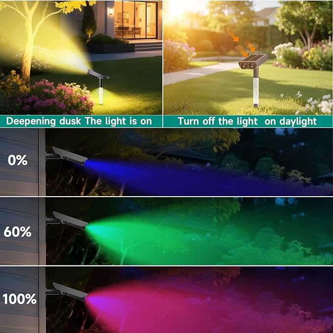 RGB Solar Spot Lights : 2 IN 1 Solar Lights Outdoor with 8 Lighting Modes &amp PC Light Guide Column for Tree Garden Yard Pathway | RGB Color Changing Landscape Lights | IP65 Waterproof | 12 Pack