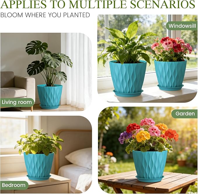 8 Inch Plant Pots with Saucers (4 Pack) - Modern Ribbed Flower Pots for Indoor Plants - Sturdy Decorative Planters for Snake Plant &amp Flowers - Drainage Holes (4 Blue)