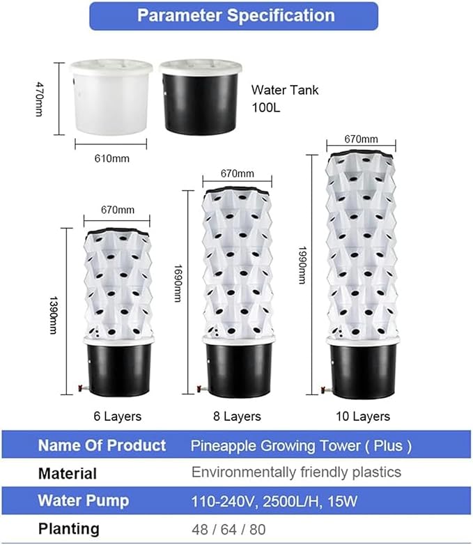 Tower Garden Hydroponics Growing System 6/8/10 Floor Vertical Hydroponics Tower with 100L Water Tank Aeroponics Growing Kit Smart Garden Planter Herbs Germination Kit Hydrating Pump Adapter 6layer