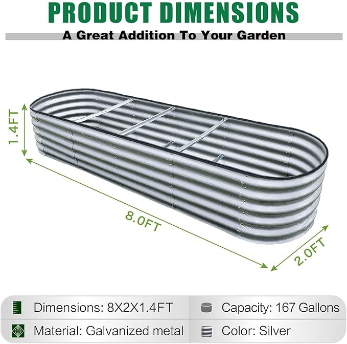 GrowHaus 8x2x1.4FT Galvanized Raised Garden Bed Planter Boxes Outdoor Large Metal Garden Beds for Planting Vegetables Flowers Herbs Silver