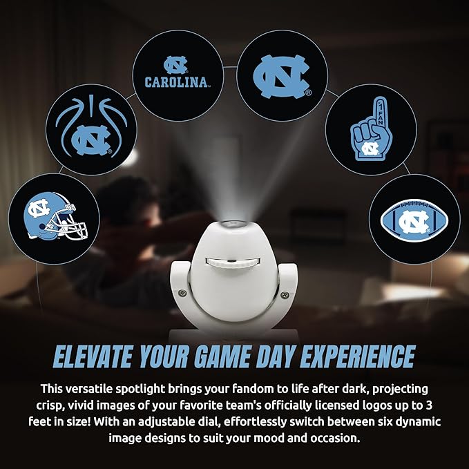 Sporticulture NCAA American Football UNC - Adjustable Led Mini Spotlight Projector with 6 Team Logo Designs - Portable &amp Rechargeable Spotlight - Battery-Operated - 4.375” x 3.125”