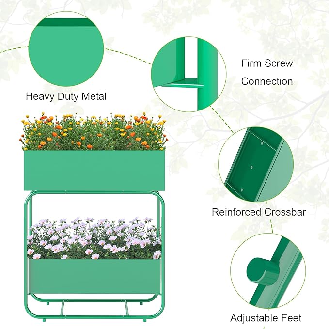 Raised Garden Bed with Legs - 2-Tier Elevated Garden Bed for Balcony Backyard Patio Outdoor &amp Indoor Metal Standing Garden Planter for Vegetables Flower(Green)