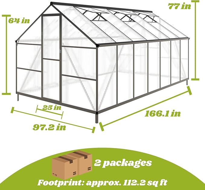 8 x 14 FT Greenhouse for Outdoors Polycarbonate Greenhouse with Quick Setup Structure and Roof Vent Aluminum Large Walk-in Green House for Outside Garden Backyard Dark Gray