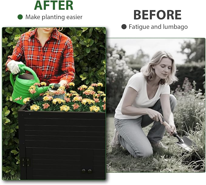 mondaria Raised Bed Garden Cabinet with Extra Storage Compartments Composite Planter Stand Box (Black)