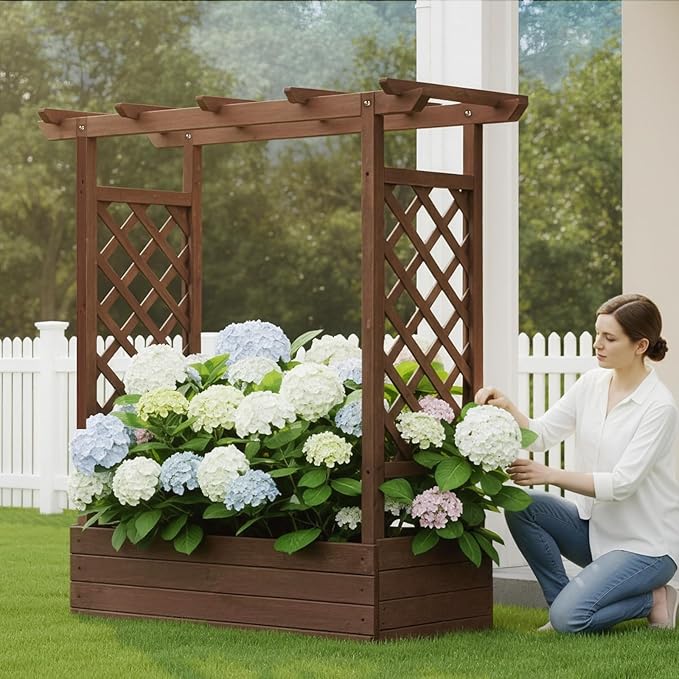 VINGLI Raised Garden Bed with Trellis &amp Hanging Roof Wooden Garden Bed Outdoor Planter Box for Yard Garden Balcony (Carbonized Wood Color Medium)