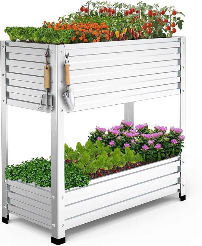 2-Tier Galvanized Raised Garden Bed with Legs 36x16x36 Metal Elevated Planter Box (12 Top/8 Bottom Depth) 500LB Capacity for Vegetables Herbs Leafy Greens Flowers on Patio Yard