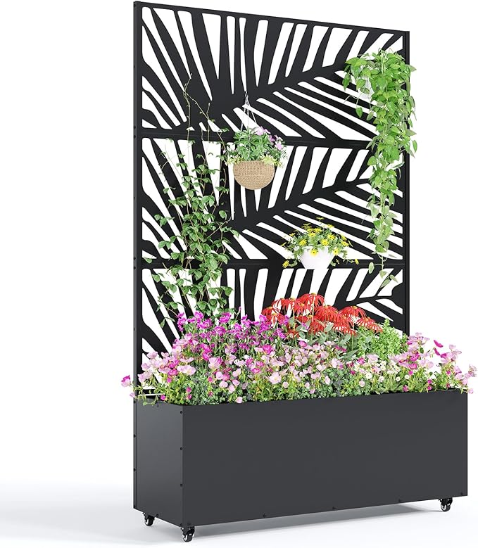 Garvee Metal Raised Garden Bed with Trellis and Wheels 71x47x16 Metal Planter Box with Trellis Privacy Screen for Climbing Plants Vegetable Vines Drainage Holes 15.8 Deep Planting BedBlack