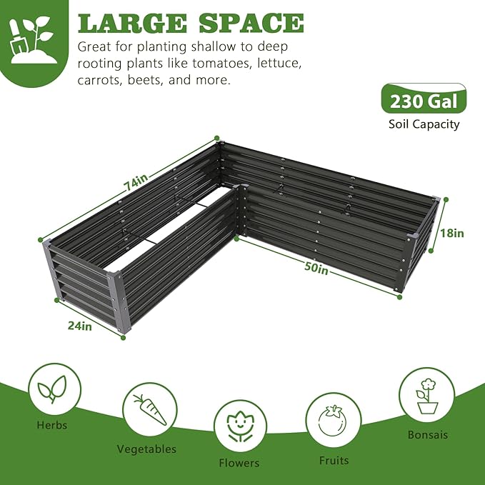 A ANLEOLIFE L-Shaped Galvanized Raised Garden Beds Outdoor74x74x18in Large Metal Planter Box for Planting Vegetables Flowers Herb Anti-Rust &amp Easy-Setup Quartz Grey