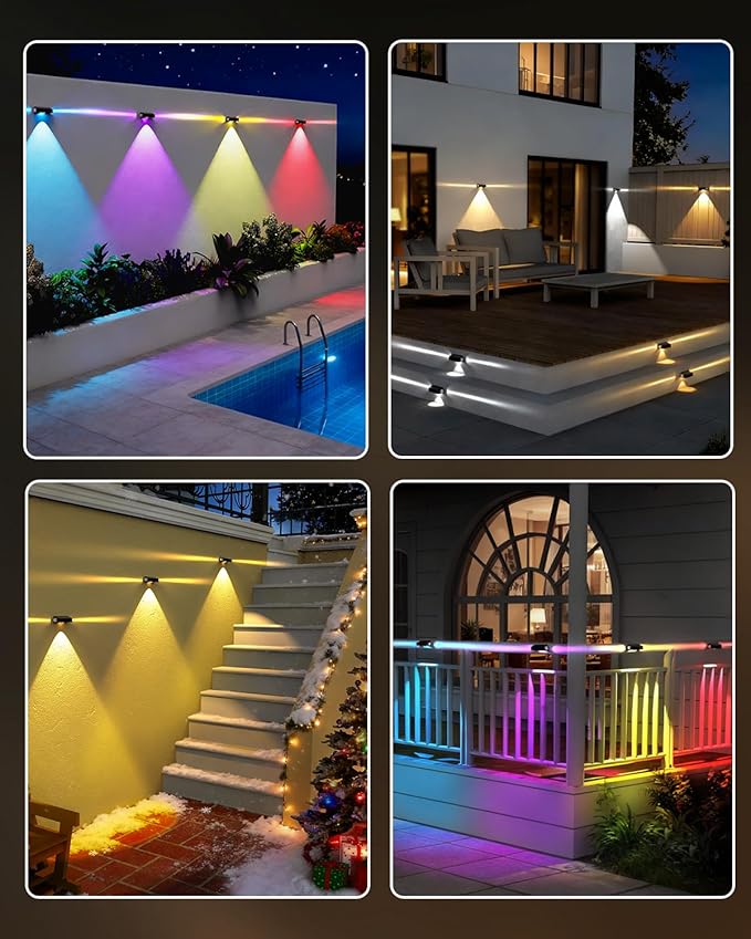 Solar Fence Lights Outdoor 6 Pack Deck Lights with 12 Mode RGB Color Changing Warm/Cool White IP65 Waterproof Dusk to Dawn Solar Light for Fence Wall Patio Step Backyard Outside