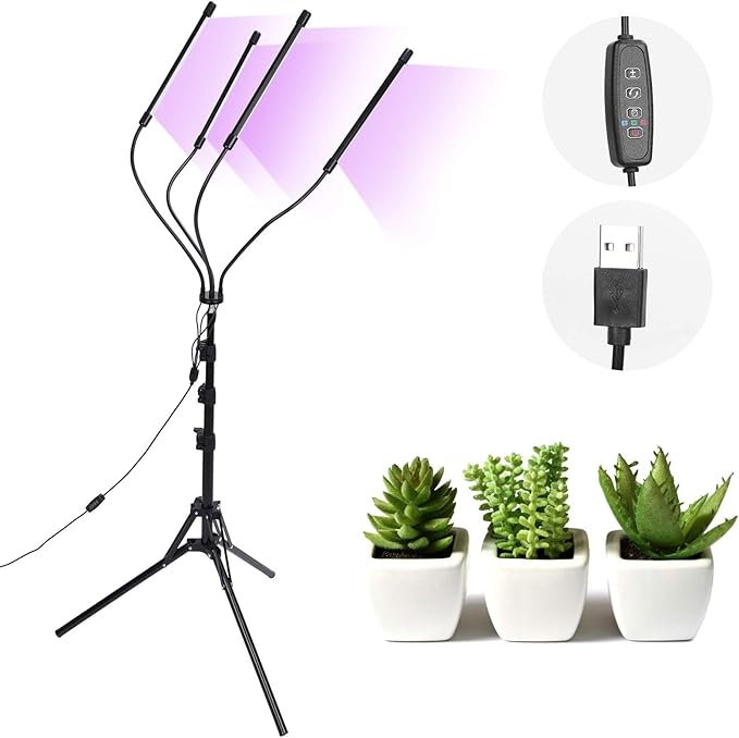 Plant Growth Lamp Metal Full Spectrum Flexible LED Grow Light for Seedlings Flowers(Four-Pipe Timing Switch)