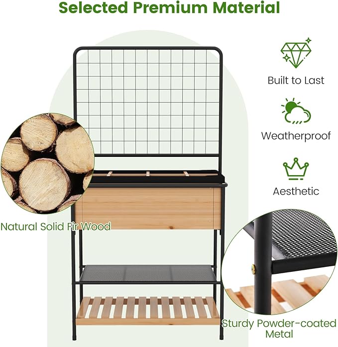 HAPPYGRILL Outdoor Raised Garden Bed 59” Wooden Elevated Planter Box w/Open Storage Shelves Removable Grid Divider Drain Holes &amp Black Liner Raised Garden Bed w/Legs &amp Trellis for Vegetabl