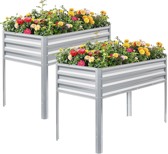 1MORE Elevated Raised Garden Bed with Legs 48×24×32in Large Metal Raised Bed for Backyard Patio Balcony. Raised Planter Box with Drainage Holes for Plants Vegetables Flowers Fruits(Sliver-2pcs)