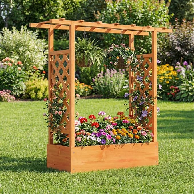 Fir Wooden Raised Garden Bed with Trellis &amp Flat Roof Planter Box for Climbing Plants Outdoor Planting Stand Roof Climbing Plant Support Raised Beds Backyard Planter Wooden Garden Planter - Ora