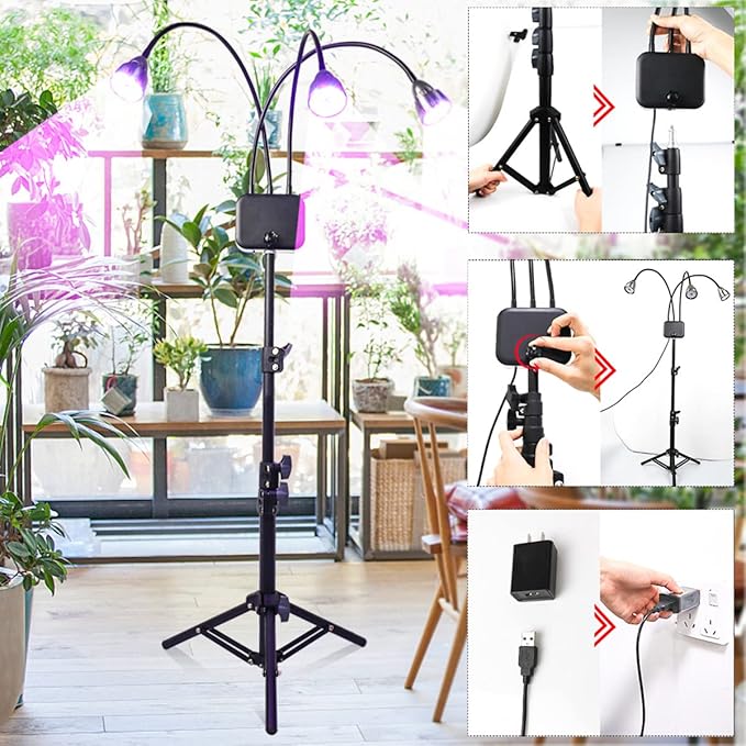 Plant Grow Light with Stand Full Spectrum 60W LED Floor Plant Lamp for Indoor Plants GrowingHeight Adjustable Plant Lamp Timer 3/9/12H