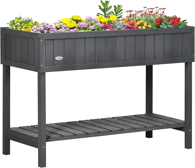 Outsunny 43x18x30in Raised Garden Bed with 8 Pockets and Shelf Wooden Elevated Planter Box with Legs to Grow Herbs Vegetables and Flowers Dark Gray