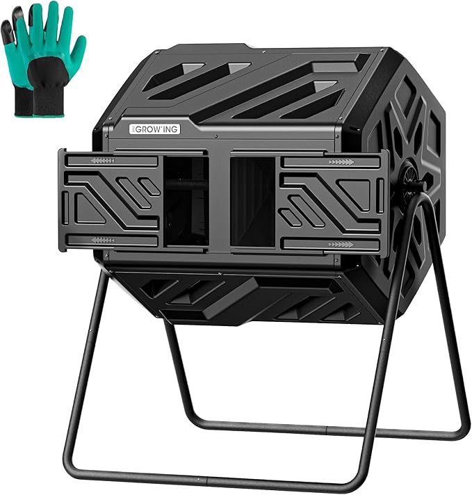 THEGROW'ING Updated 43 Gallon Compost Bin Outdoor Fast Assemble Tumbling Composter Dual Chamber Composter Tumbler Rotating Compost Bin for Outside Backyard Garden and Yard Black