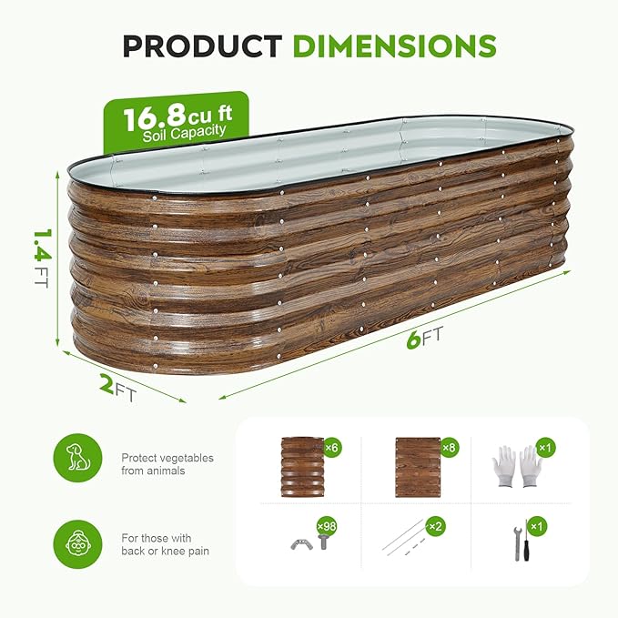 ZORMY Galvanized Raised Garden Bed Outdoor- 8x2x1.4ft Oval Steel Raised Beds for Gardening Metal Planter Box with Protective Strip and Gloves for Vegetables Flowers Fruits(Brown)