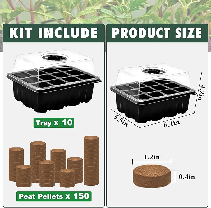 ZeeDix 10 Set Seed Starter Tray Kits 10 Pack Seed Trays with 120 Pack Coco Coir Pellets Adjustable Humidity Germination Tray with Dome Lids for Indoor Plants Mini Greenhouse for Vegetables Garden