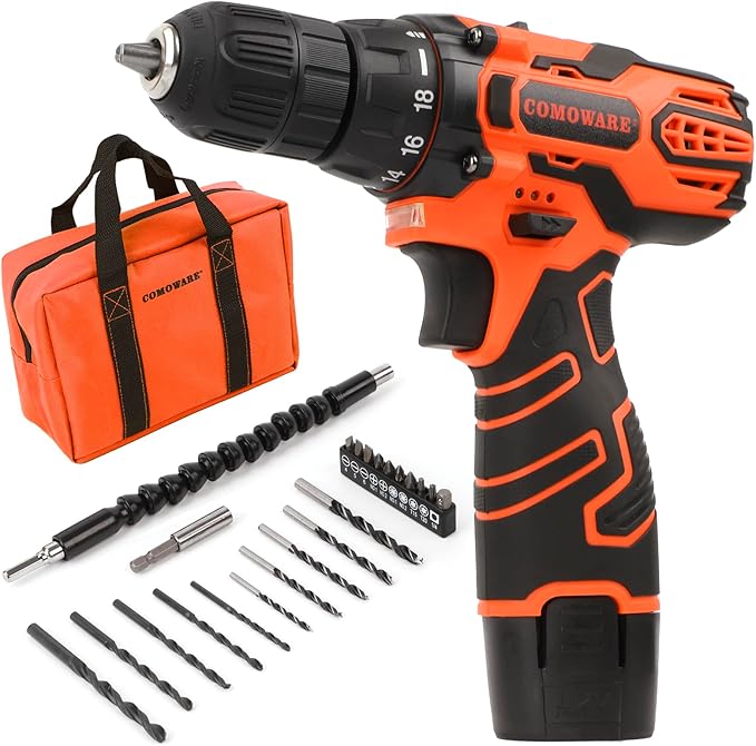 COMOWARE Cordless Drill Set 12V Power Drill with Battery &amp Charger 3/8 Keyless Chuck 23Pcs Driver Bits Orange Storage Bag included