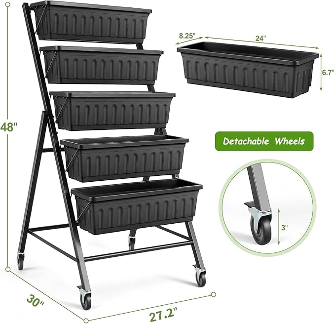 SEJOV 4FT Vertical Raised Garden Bed 5-Tier Vertical Garden Planter with Drainage System Larger Elevated Planter Box for Herb Vegetables Flowers Indoor Outdoor Planters (Black with Lockable Wheels)