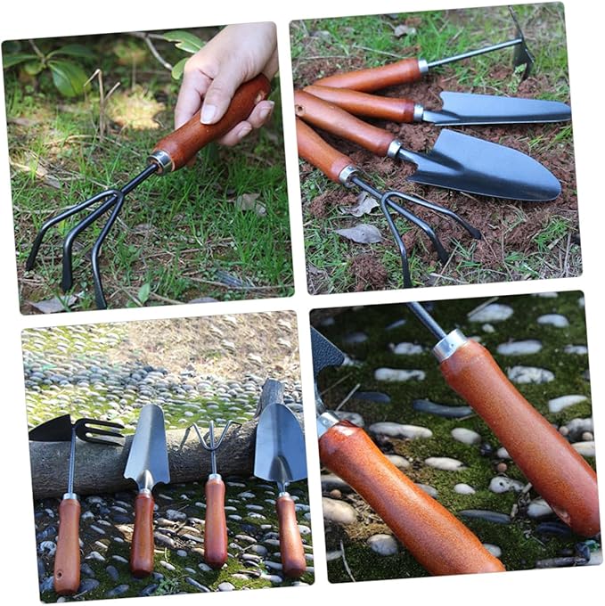 Garden Tool Set 4pcs Mini Metal Hand Shovel Trowel Rake Soil Scoop for Flower Planting and Vegetable Gardening with Extended Narrow Spade and Dual-use Hoe Rake