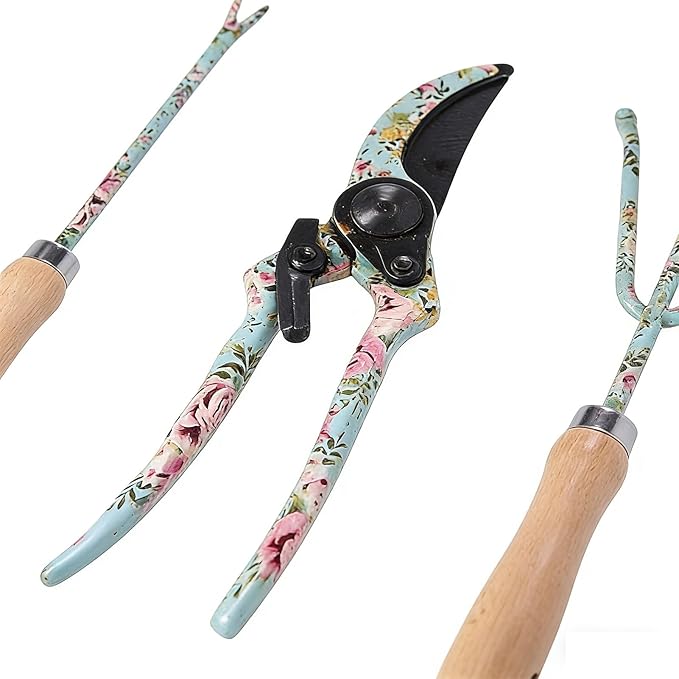 Women's Garden Tools Floral Pattern Hand Tools Rake Trowel Gloves Set Sturdy Small Gardening Kit for Flower Beds Planting Digging Outdoor Yard Home Trimming Ergonomic Comfortable Design