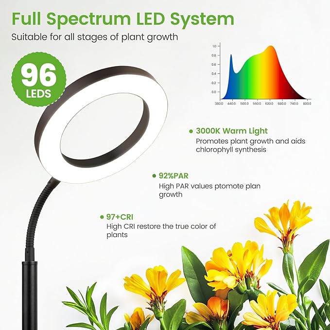Grow Lights for Indoor PlantsFloor Lamp with 63IN StandFull Spectrum10 DimmingHalo Ring Warm Light 3/9/12H TimerHeight AdjustableMetal Stable Base Growing Light for Tall Small Plant