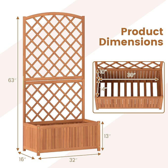 Raised Garden Bed with Trellis 30 x 14 x 10 Inch Large Planter Box Solid Acacia Wood Frame Slat Base 63” Tall Planter for Climbing Plants Flowers Outdoor Patio Balcony Backyard
