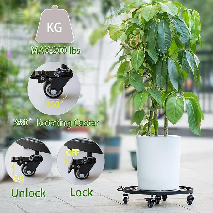 16 Heavy Duty Plant Dolly with Wheels Rolling Planter Base for Indoor/Outdoor Use | Patented Detachable Handle 360° Rotating Polyurethane Wheels Max Load 200 lbs for Large Pots &amp Planters